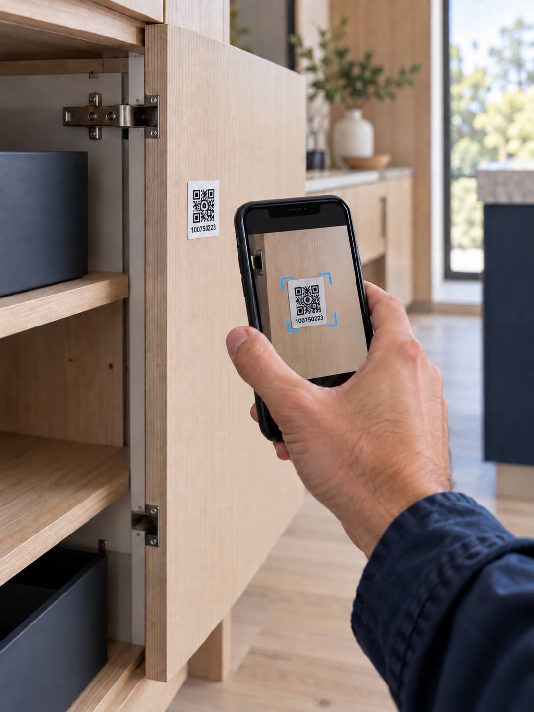 A phone scanning a cabinet label with its barcode number printed below the QR code